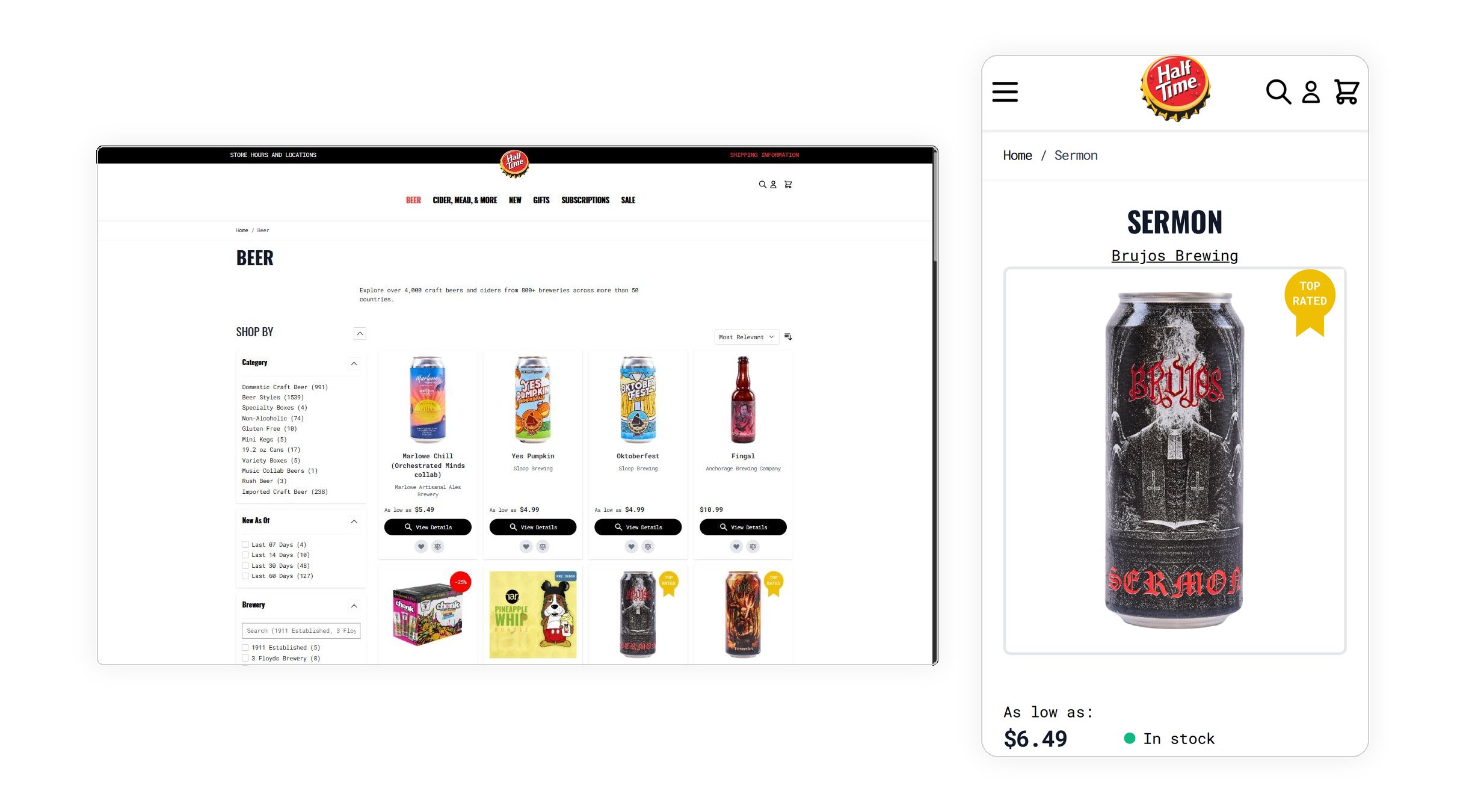 Half Time Beverage Hyvä storefront: desktop category page and mobile
product page side by side
